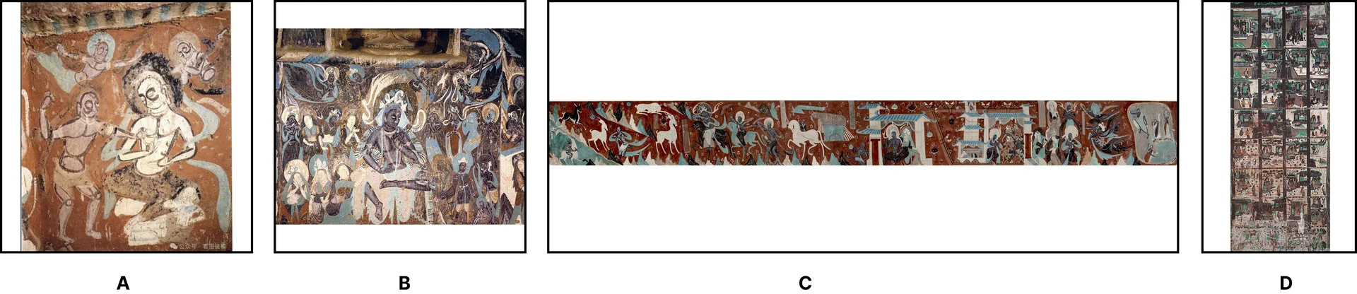 Four representative Dunhuang murals with diverse compositional structures